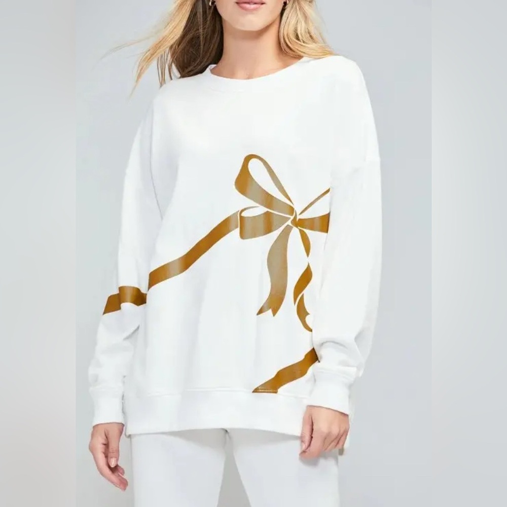 WILDFOX Open Me First Bow Women’s Crewneck Sweatshirt White/Gold Small NWT’s